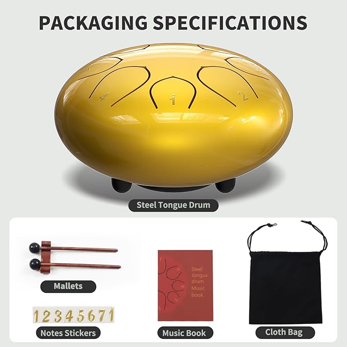 Rain Drum for Outside Garden, 6 Inches 8 Notes Steel Tongue Drums, Waterproof Meditation Rain Chime, Musical Instruments for Adult Gift with Bag, Music Book, Mallets (Gold)