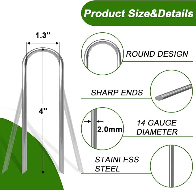 AAGUT 4 Inch Landscape Stakes 150 Pack Garden Drip Irrigation Tubing Stakes Heavy Duty 14 Gauge Galvanized Ground Staples Lawn U Hooks for Soaker Hose, Chicken Wire, Chain Link Fence, Dog Fence