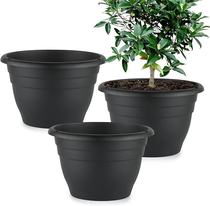RooTrimmer 3 Pack 11 Inch Plant Pots for Indoor Outdoor,Plastic Floor Planters with Drainage Holes,Lightweight Durable Flower Pots for Home,Patio & Garden(Black)