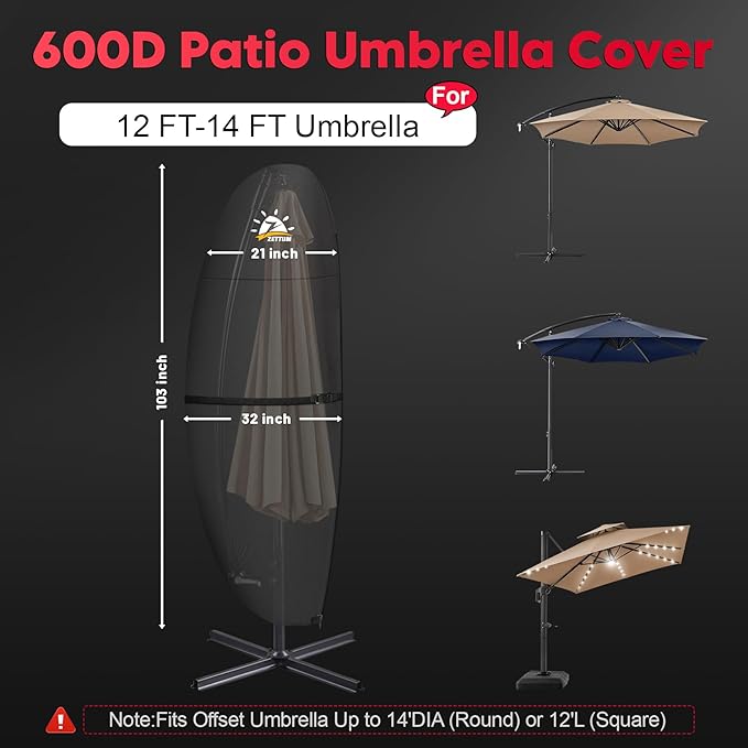 Zettum Patio Umbrella Cover - 600D Outdoor Cantilever Umbrella Cover Waterproof & Heavy Duty, Large Offset Umbrella Cover Banana Parasol Covers for 12-14 FT Umbrellas