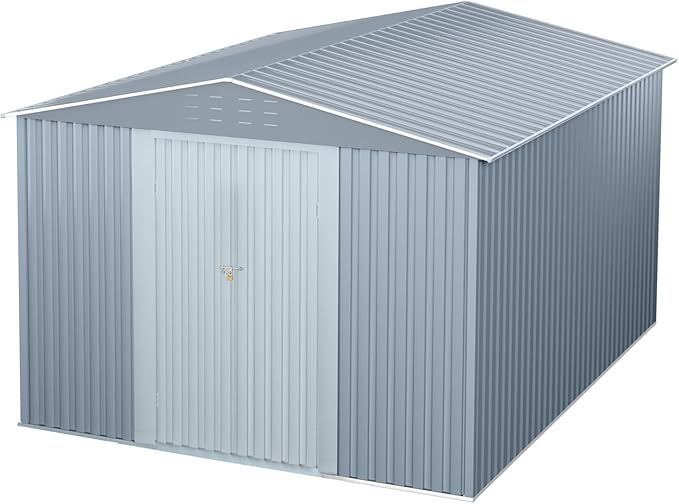8x12 ft Metal Storage Shed, Outdoor Garden Tool Sheds with Sturdy Frame Structure, Large Metal Storage Shed with Lockable Door for Garden, Lawn, Backyard, Grey