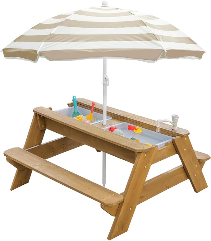Kids 3-in-1 Sand & Water Table, Wood Outdoor Convertible Picnic Table w/Umbrella, 2 Trays, Removable Top with Faucet, Picnic Table for Outdoor Playset (Natural/Brown)