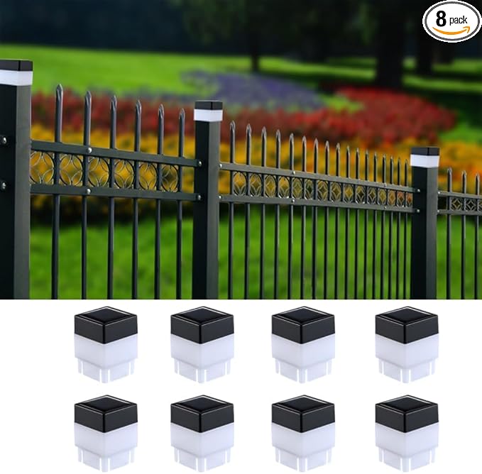 Fence Lights Solar Powered Solar LED Fence Post Cap 2In x 2In(5cm x 5cm) for Wrought Iron, Aluminum, Garden & Outdoor (Warm Light, 8)