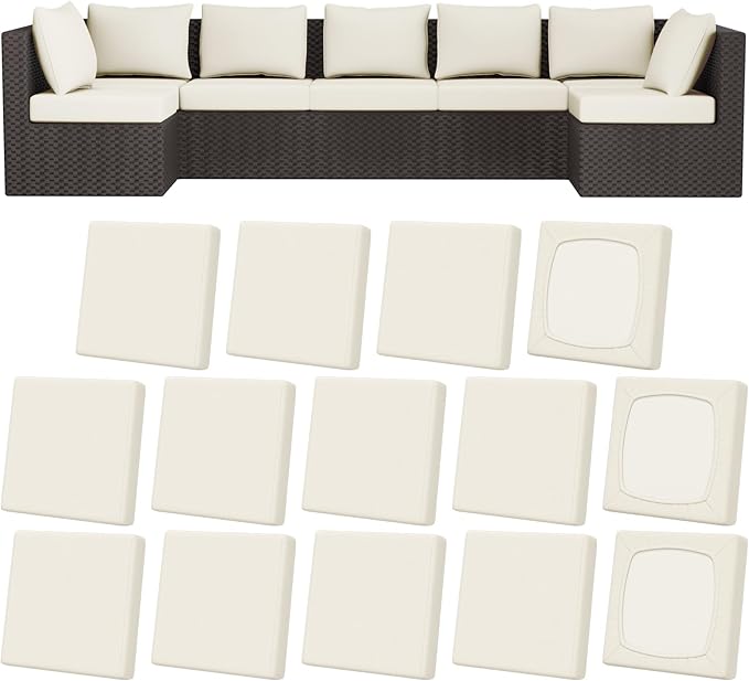 14Pcs Patio Stretch Cushion Covers, Outdoor Couch & Sofa Replacement Slipcovers for Patio Furniture Cushion Covers, Washable Reusable Furniture Protector, Square Large, Beige