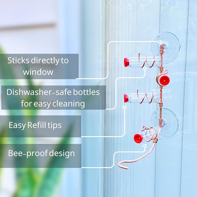 Window Hummingbird Feeder | Handcrafted Copper and Aluminum | Multiple Stations | Modern Hummingbird Feeder | Glass Bottles | Suction Cups (Copper, Four Station)
