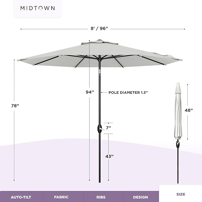 Midtown Umbrellas 10-Year-No-Fade - 8 Ft - UV Proof Off White Polyester Fabric - Umbrella Outdoor Patio, Auto-Tilt Aluminum Frame Patio Umbrella for Garden, Pool & Deck - Black Pole