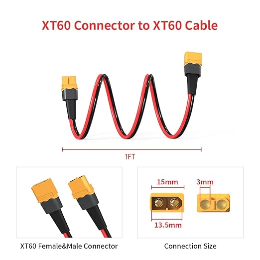 ELFCULB 10AWG 1FT XT60 Extension Cable, XT60 Female to Male Connector for RC Battery Portable Power Station Solar Panel(2 Pieces)