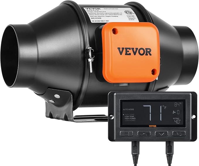 VEVOR Inline Duct Fan, 4-Inch 205 CFM with Temperature Humidity Controller, Quiet EC-Motor Ventilation Exhaust Fan for Cooling Booster, Grow Tents, Hydroponics