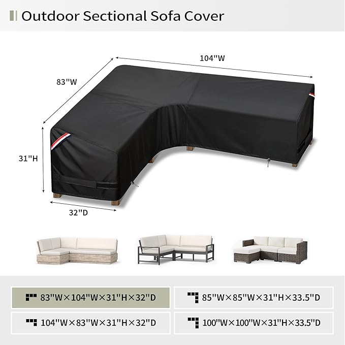 KylinLucky L-Shaped Patio Sectional Sofa Cover 83"x104" Reversible, Heavy Duty Waterproof Left/Right Facing Outdoor Couch Cover, All-Weather Black