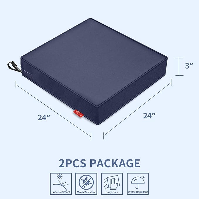 Patio Chair Cushions 24x24 Inch, Water Repellent Outdoor Seat Cushions with Adjustable Straps, Fade Resistant Replacement Cushions for Garden Deck Sofa Couch, Set of 2, Blue Grey