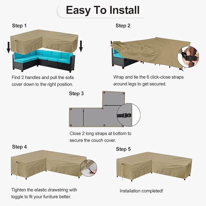 PureFit Outdoor Sectional Sofa Cover Waterproof L Shaped Patio Furniture Covers for Deck, Lawn and Backyard, 104”x83” Right Facing, Camel