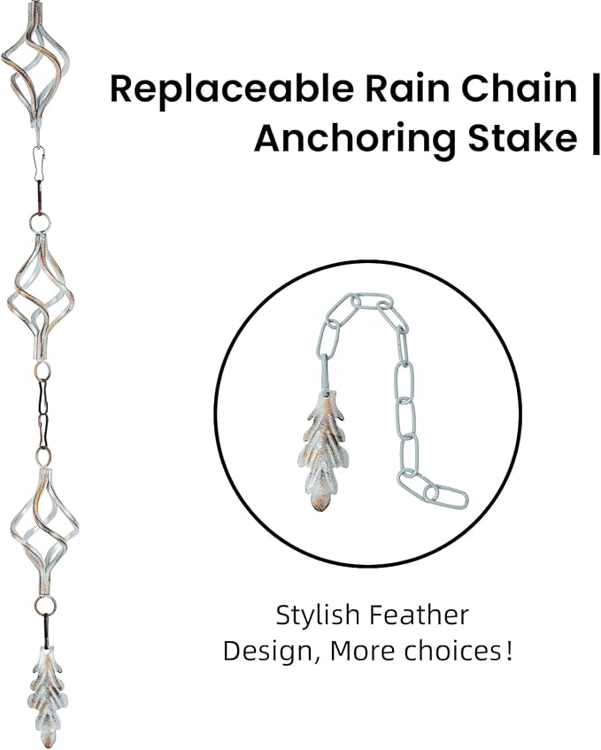 Rain Chain Bird Cage Set 8.5Ft, Not Rust Wrought Iron Rain Chains for Gutters with Adapter Gotta Drain and Sturdy Anchoring Stake,13 Birdcage, 1 Hook, Adjustable Length for Garden (Cyan)