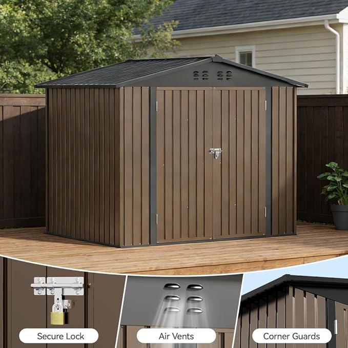 COMHOMA Shed Storage Outdoor Metal Windowed Lockable Weatherproof Ventilated Backyard Garden Utility Workshop(Brown,8'*6')