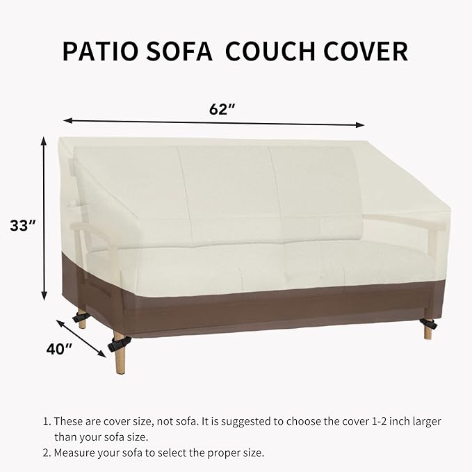 Easy-Going Waterproof Outdoor Couch Cover, Heavy Duty 3-Seater Patio Sofa Cover, Winchdproof Outdoor Furniture Cover with Air Vent (62Wx40Dx33H inch, Beige/Dark Brown)