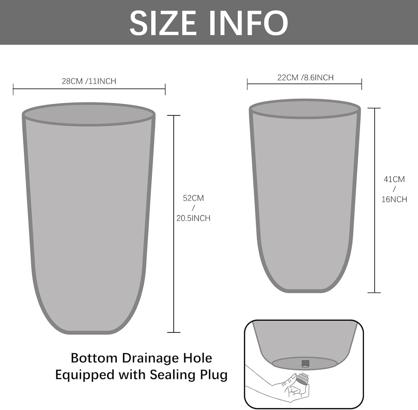 Yundu 16 & 20 inch high Concrete Plant pots Set of 2. Flower pots with Drainage Hole. Tall planters for Indoor Plants, Large planters for Outdoor Plants, Such as Garden, Patio and Front Porch Decor.