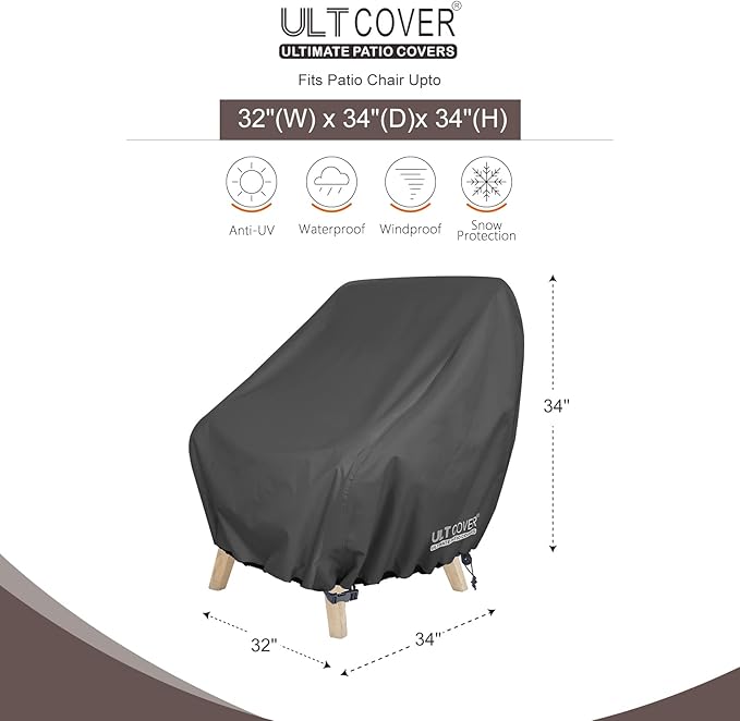 ULTCOVER Waterproof Patio Chair Cover – Outdoor Lounge Deep Seat Single Lawn Chair Cover 2 Pack Fits Up to 32W x 34D x 34H inches, Black