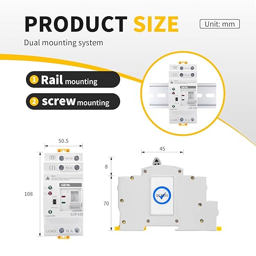 GEYA 2P 63A AC220V Automatic Transfer Switch,ATS Dual Power Auto Transfer Switch,Uninterruptible Millisecond-Level ATS,DIN Rail Mounting（G2R 2P 63A AC220V）