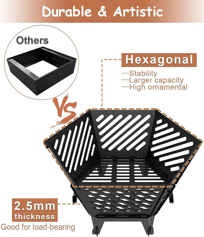 22.5 Inch Portable Hexagon Fire Pit with Travel Bag — Smokeless Patented Design Outdoor Wood Burning Fire Pit for Camping, Backyard, Patio, Bonfire, Picnic and BBQ, Diagonal Hollow Style