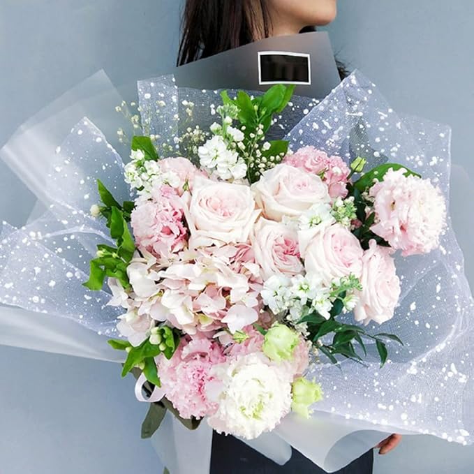 1 Roll Snow Dots Flower Wrapping Mesh Paper Dotes Mesh Florist Bouquet Packaging Wedding Birthday Decoration for Fresh Flowers (White, 16 Yards)