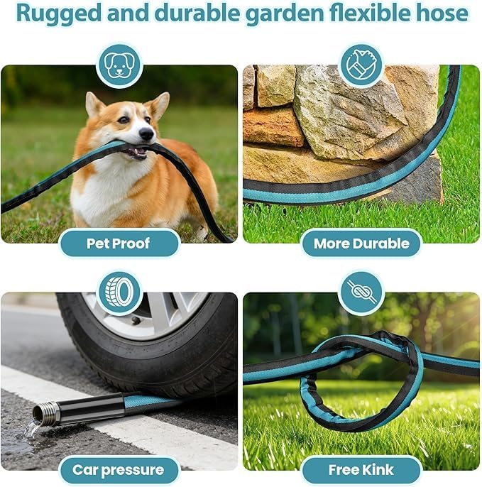 15ft Garden Hose, Lightweight Flexible Water Hose with 3/4" Rustproof Metal Fittings & Rubber Washer – Kink-Free, Weather & Abrasion Resistant, Easy Storage for Balcony & Bathroom