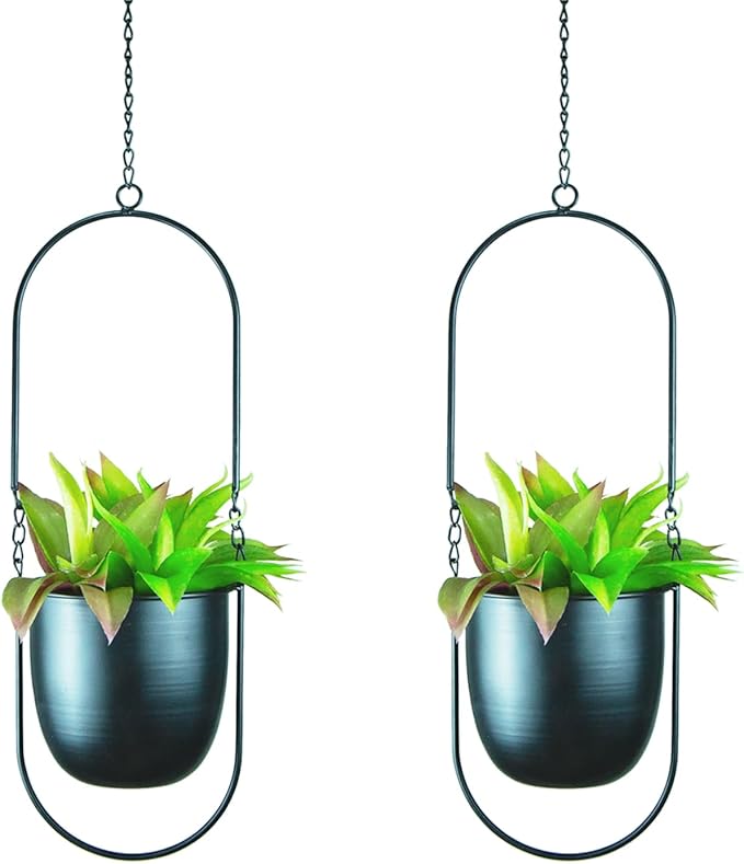 Modern Metal Hanging Planters with 6 Inch Pots and Sleek Chains - Set of 2 Oval Geometric Plant Hangers - Black Wall and Ceiling Mount Flower Holders for Indoor Décor