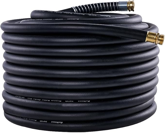 Guitrees Garden Hose 150FT x 3/4”, Heavy Duty Rubber Hose, Water Hose with Five Layered Braiding, Male Female Fittings, 1000PSI Burst, 300PSI Working (Black)