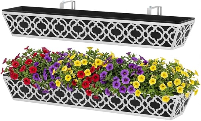 Y&M 2Pcs 36'' Railing Planter Box Set with Adjustable Brackets, Large Hanging Window Boxes for Fence, Deck, Balcony, and Garden, Gray Metal Frame with Black Nonwoven Fabric Liner