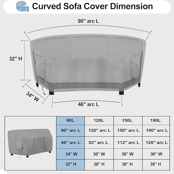 OutdoorLines Waterproof Curved Outdoor Sectional Cover - UV Resistant Windproof Patio Sectional Sofa Covers for Deck, Lawn and Backyard, Heavy Duty Furniture Covers (90Lx34Dx32Hx46FL, Grey)
