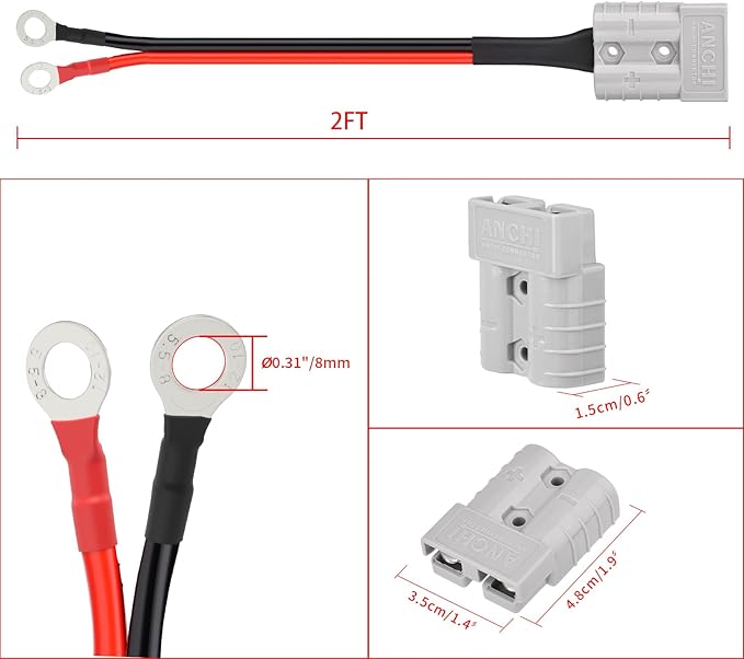 ELFCULB Anderson 50amp to O Ring Terminal, 10AWG Anderson SB50 Battery Quick Connect/Disconnect Cable for Forklift RV Boat Lithium Batteries(2FT)
