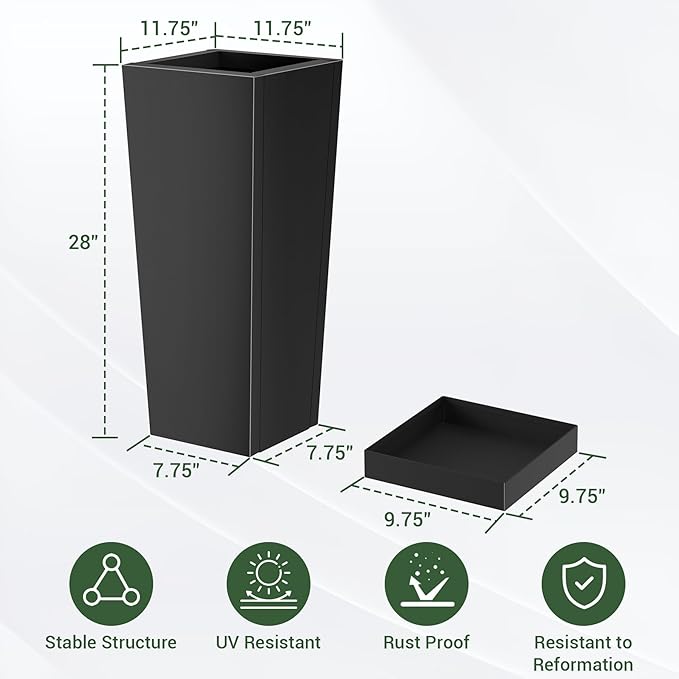 Metal Tall Outdoor Planters Set of 2, 28 inch Durable Tall Planters with Rust-Proof Coating & Drainage Insert Shelve & Trays, Black Outdoor Planters for Porch, Garden, Patio, Yard