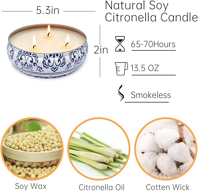 Large Citronella Candles Outdoor and Indoor, 13.5oz 3-Wick Soy Wax Portable Travel Tin Candle for Home Garden Patio Yard Balcony and Summer Gift