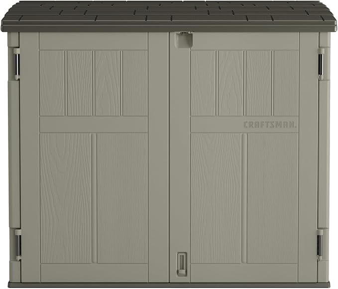 Craftsman Horizontal Shed, Compact Outdoor Storage System, 34 Cu. Ft. Capacity, Made in USA - Lockable Multi-Wall Resin Organizer for Garbage Cans, Garden Tools, Bins, Bikes and Yard Equipment