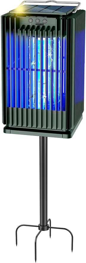 Solar Bug Zapper Outdoor, Solar Mosquito Zapper Outdoor with Ground Bracket, Cordless Waterproof Fly Zapper with Illuminated Light, 5000mAh Rechargeable Mosquito Killer
