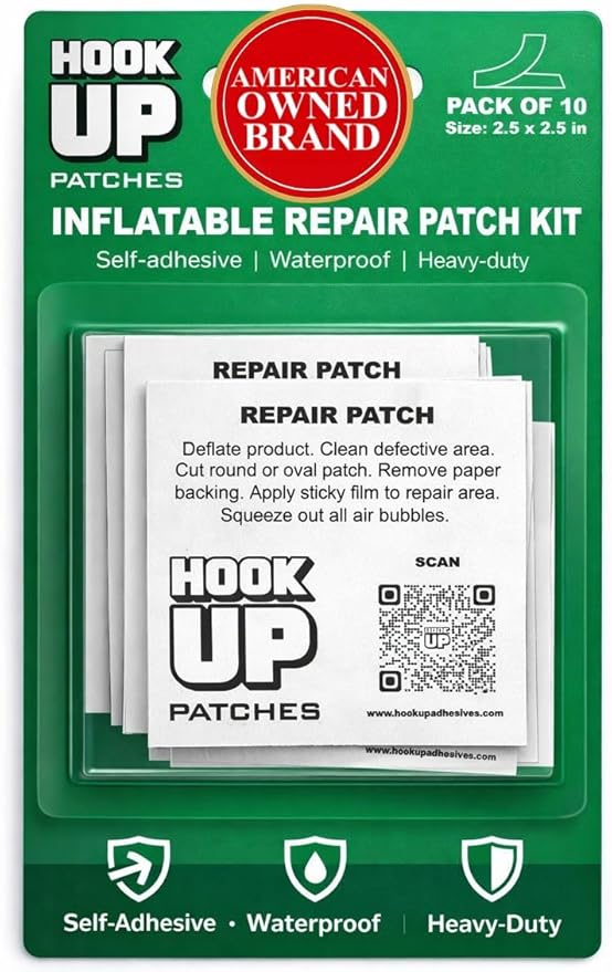 HOOK UP Inflatable Repair Patches – Heavy Duty Peel & Stick Patch Kit for Pool Floats, Air Mattresses, Inflatables & PVC – Waterproof, No Glue Needed (10 Pack) (2.5” x 2.5”, Pack of 10)