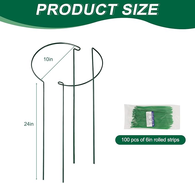 Tall Heavy-Duty 24in Plant Support Stakes - 16 Pack Peony Cages & Supports for Outdoor Plants, Half-Round Garden Stakes for Hydrangea, Roses with Extension Stakes