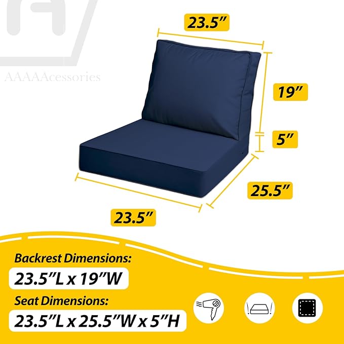 AAAAAcessories Outdoor Deep Seat Cushions with Double Welted Pillow, Waterproof, Fade-Resistant Patio Furniture Replacement Cushions, 23.5" x 25.5" x 5" + 23.5" x 19", Navy Blue
