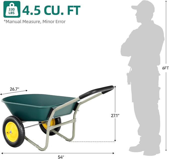 2 Wheel Wheelbarrow, Dual-Wheel Garden Dump Cart with 13" Non-Slip Pneumatic Tires & Ergonomic Padded Handle, Heavy-Duty Home Utility Yard Cart Wagon with 4.5 Cu Ft Capacity for Lawn, Gardening