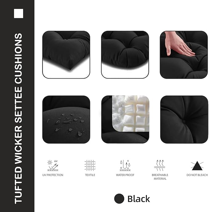 Outdoor Chair Cushions Set of 2, 19x19x4 Inch Seat Pads with Ties for Patio Wicker Chairs Garden Dining Chair, Indoor Outside Use, Fade-Resistant & Waterproof, Black
