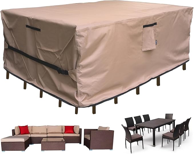 Patio Furniture Set Cover Waterproof Rectangular Heavy Duty 600D Outdoor Sectional Sofa Couch Cover Large Outside Dining Table and Chairs Covers Patio Conversation Set Cover Brown 112 x 74 Inch