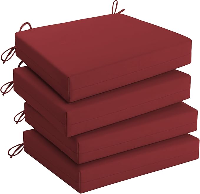 UNIKOME Outdoor Chair Cushions Pack of 4, Water Resistant Patio Cushions with Ties, High Density Sponge Filling Square Corner Seat Cushions for Outdoor Furniture, 19"*19"*3", Wine