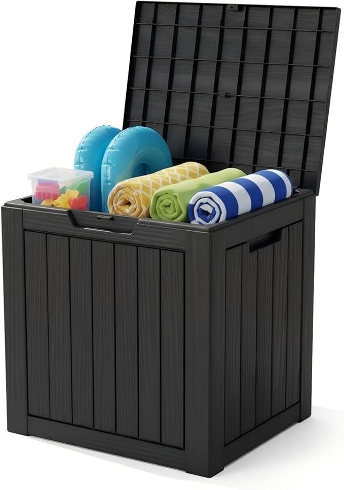 30 Gallon Resin Deck Box with Lockable Lid - Outdoor Waterproof Storage for Patio Furniture, Garden Tools, Cushions & Pool Accessories, Wood Grain Design, All-Weather Durable (Black, 1 Pack)