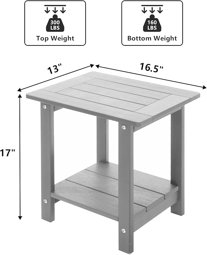 Meluvici Double Adirondack Side Table Weather Resistant, Outdoor Rectangular End Table for Adirondack Chair, Light Grey
