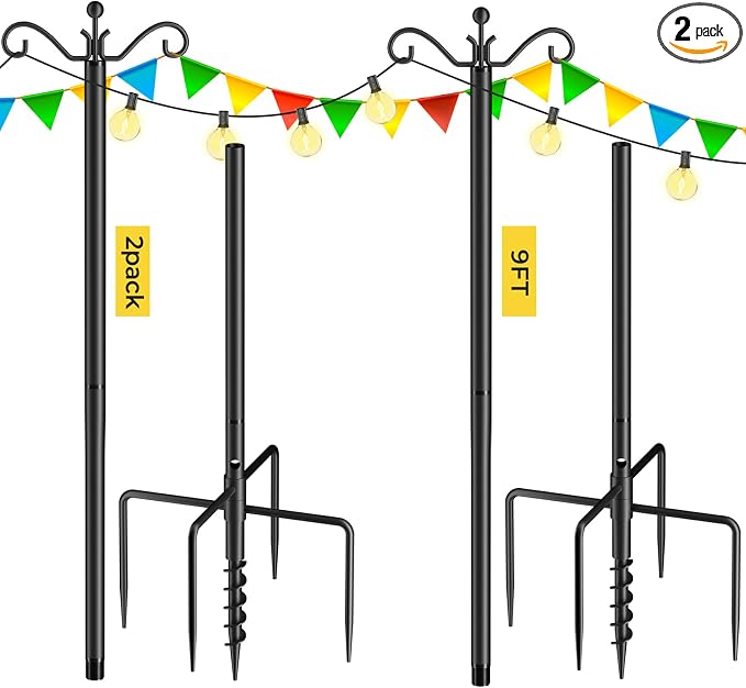 Flanagan String Light Poles 2-Pack,9FT Poles for Outdoor String Lights,Adjustable Metal Light Pole Stand, Light Poles with Hooks & 5-Prong Spiral Sturdy Anchor for Garden, Weddings and Parties