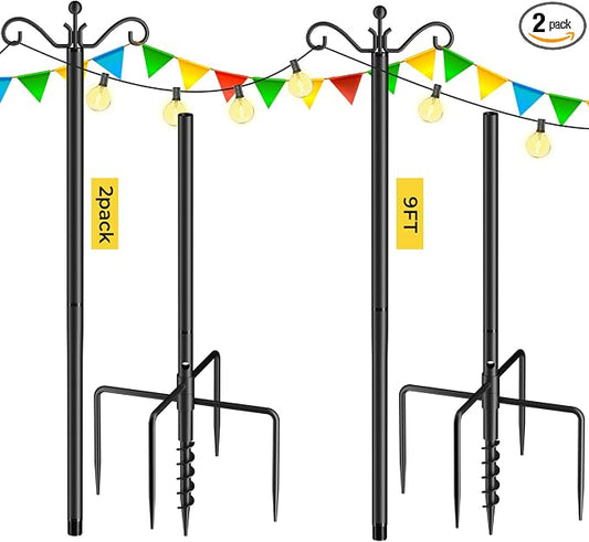 Flanagan String Light Poles 2-Pack,9FT Poles for Outdoor String Lights,Adjustable Metal Light Pole Stand, Light Poles with Hooks & 5-Prong Spiral Sturdy Anchor for Garden, Weddings and Parties