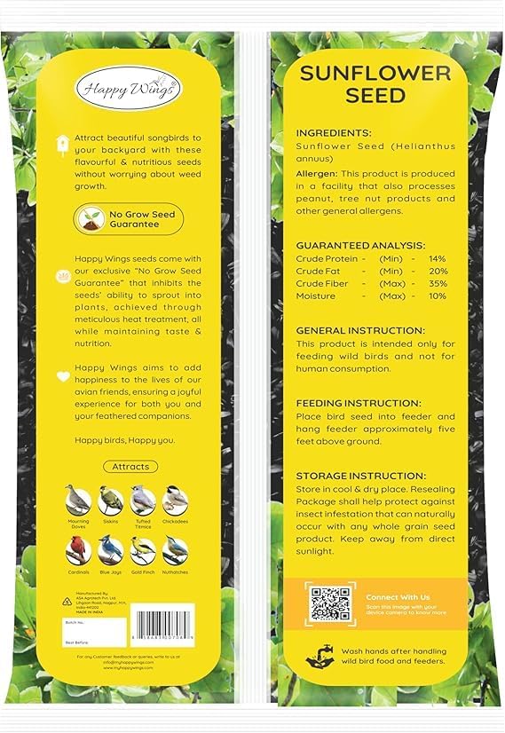 Happy Wings Black Oil Sunflower Seeds for Wild Birds 5 lbs- Combo Pack of 2 I No Grow Seed I High-Energy Bird Food Ideal for Finches, Sparrows, and More I All Year-Round Feeding.