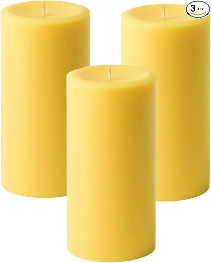 Mister Candle Citronella Candles, Ideal for Outdoor & Indoor Use, 3" x 6" Yellow Pillar Candles Set of 3, Hand Poured, Premium Wax & Dripless, 60 Hour Burn Time