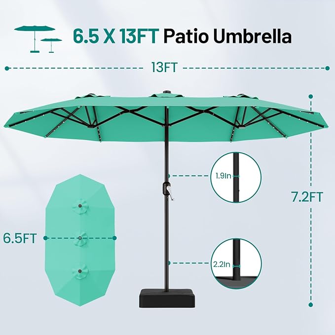 AreShark 13 FT Patio Umbrella with Solar Lights, Double-Sided Outdoor Table Umbrellas with Crank, Large Rectangular Market Umbrella for Porch, Lawn, Pool, Backyard, Cerulean