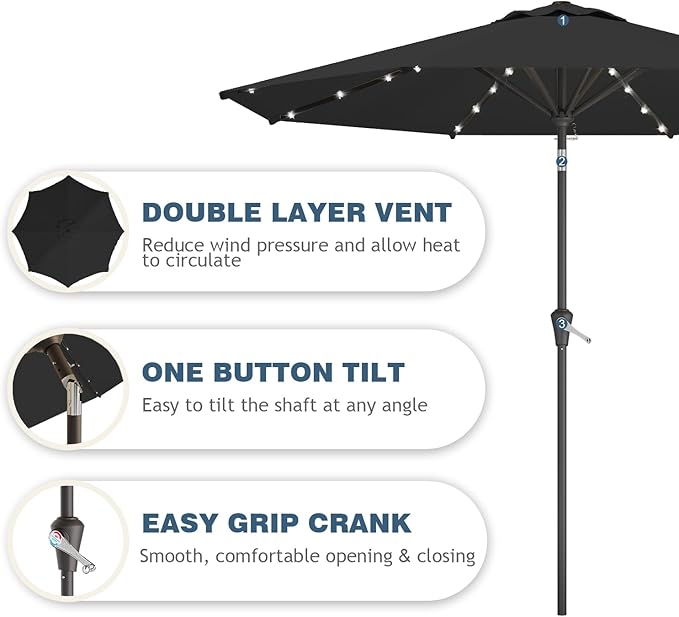 9FT Patio Umbrella with Solar Lights,Outdoor Market Umbrella with Tilt and Crank, LED Lighted Table Umbrella for Garden,Deck,Backyard,Pool,Beach