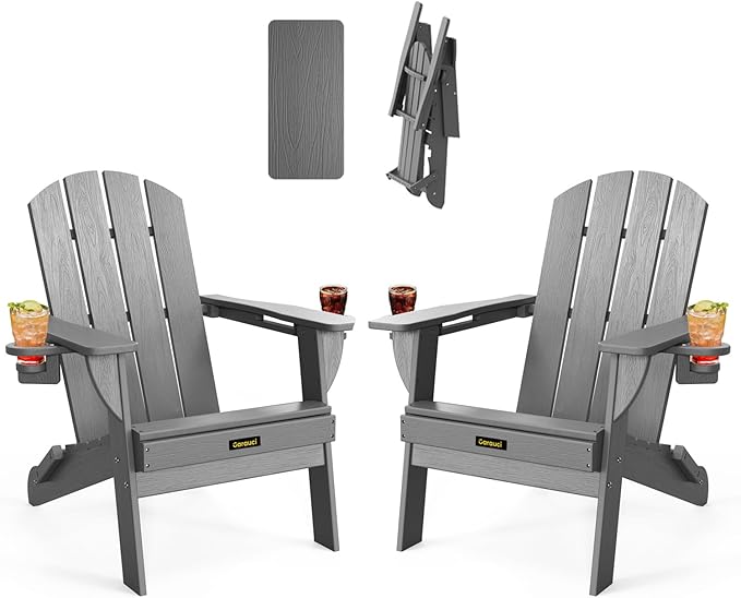 Folding Adirondack Chair Set of 2, Wooden Textured Plastic Adirondack Chairs with 2 Cup Holder, Weather Resistant HDPE Fire Pit Chair, Outdoor Patio Chairs for Garden, Backyard, Lawn, Deck, Grey
