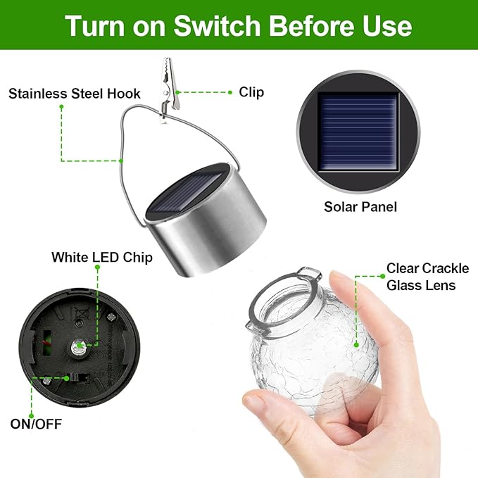 PARTPHONER 12 Pack Hanging Solar Lights Outdoor, Waterproof Solar Globe Lantern with Handle and Clip, Decorative Cracked Glass Ball Lights for Christmas Decor, Tree, Yard, Garden, Patio (Cold White)